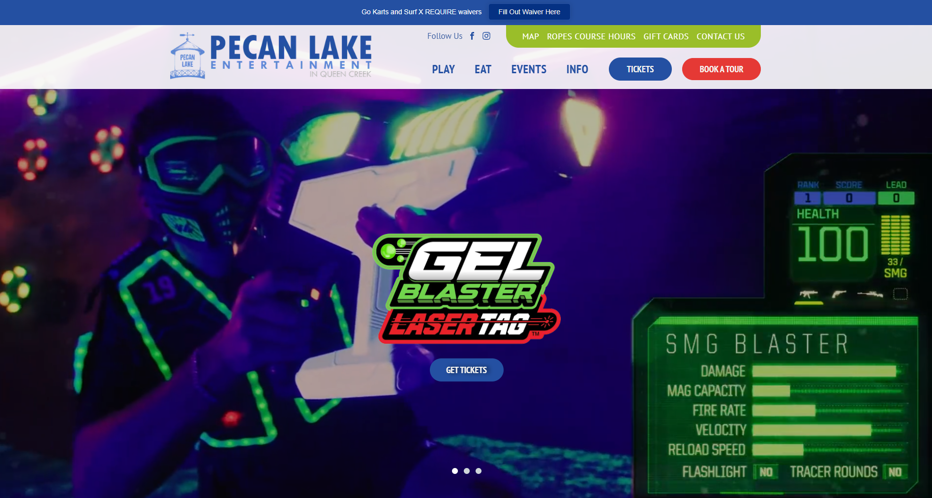 Full-width Pecan Lake Entertainment homepage showing its navigation and Gel Blaster feature