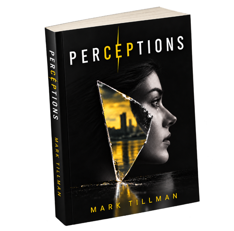 Three-dimensional cover of Perceptions: Shattered Reflections, a mystery novel by Mark Tillman